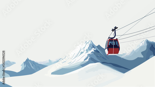 A stylized illustration depicting a red cable car ascending a snow-covered mountain range. The style is clean and simple, with muted color palettes dominated by white, light blue, and a