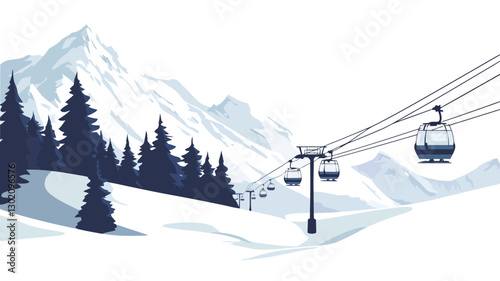 A stylized illustration depicting a mountain landscape with a ski lift. The style is minimalist, using primarily dark blue and light blue tones.  The mountains are depicted in a simplified,