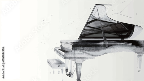 The image is a monochrome grayscale illustration or sketch of a grand piano.  The style is abstract, with a focus on lines and shading to suggest form rather than photorealistic detail. The