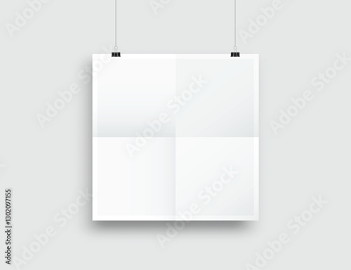 Realistic blank hanging folded paper posters mockup with shadow and black paper clip isolated on background. Design wrinkled leaflet template for presentation artwork, picture, ads, banner. Vector

