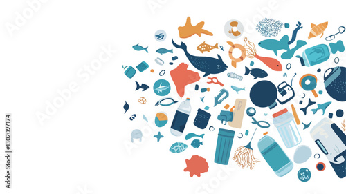 The image is a vector illustration featuring a diverse collection of stylized marine animals and various types of plastic waste on a white background. The composition is predominantly blue,