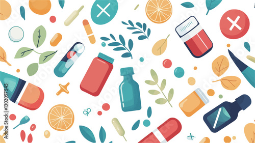 A repeating pattern featuring a variety of illustrated elements related to medicine and natural remedies.  The style is flat and vector-based, with bright, saturated colors.  Elements