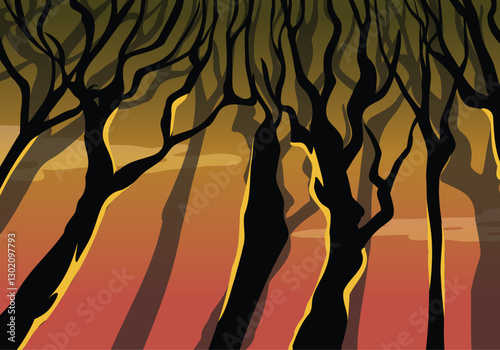 Mystical Forest Silhouette at Sunset – Enchanted Nature Background