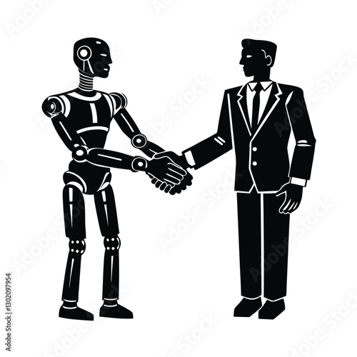 hand shake between an ai powered robot and a businessman silhouette vector art illustration