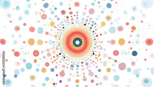 The image is a digital illustration featuring a radial pattern of various sized circles.  The colors are predominantly pastel shades of red, orange, yellow, blue, pink, and green. The
