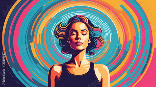 Trance effect on woman during session of hypnosis therapy isolated flat vector illustration. Abstract psychedelic whirlpool and chatelaine watch. Altered state of mind and unconsciousness concept