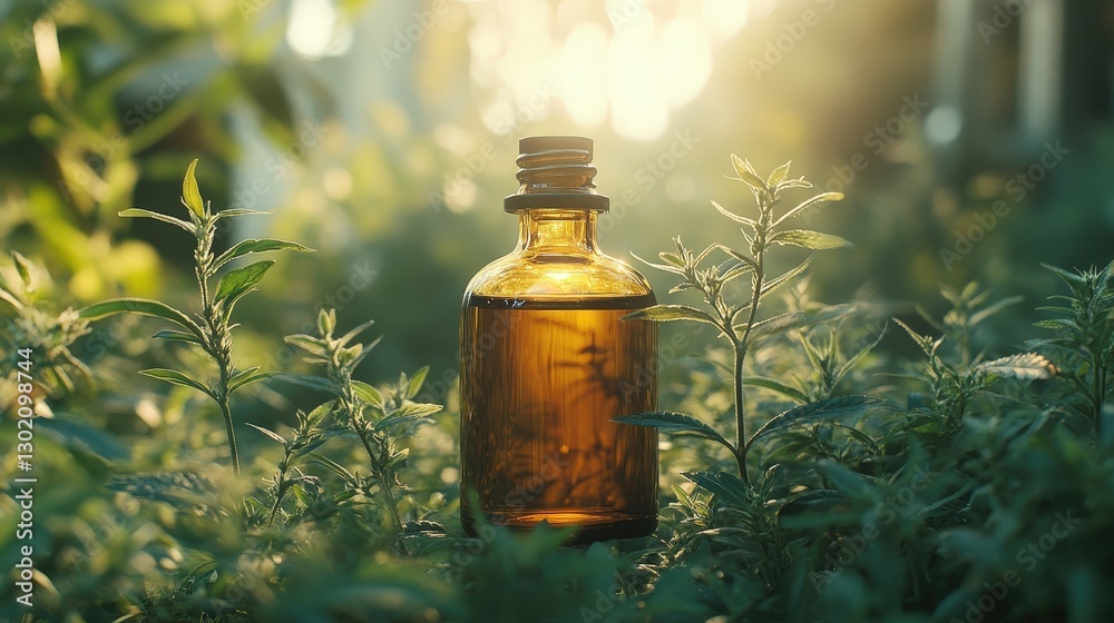 A close-up of a brown, cylindrical glass bottle perched amidst lush greenery, featuring a flat top and slender neck against nature's backdrop A close-up of a brown, cylindrical glass bottle perched amidst lush greenery, featuring a flat top and slender neck against nature's backdrop