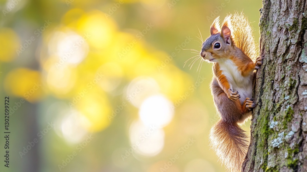 Red Squirrel climbing tree, autumn forest Red Squirrel climbing tree, autumn forest
