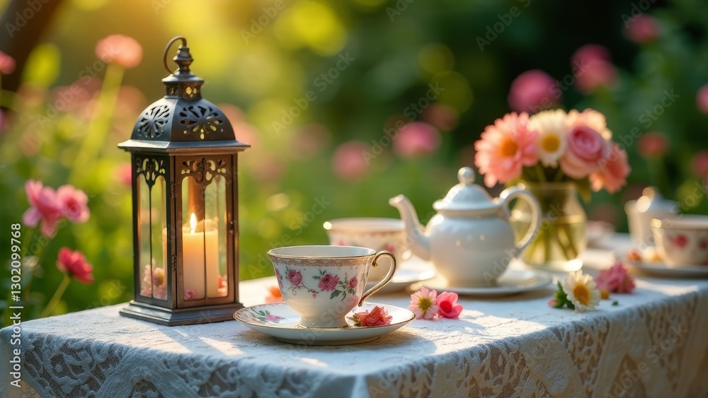 Fototapeta premium Serene Outdoor Tea Party with Delicate Floral Arrangements and a Glimmering Lantern at Golden Hour
