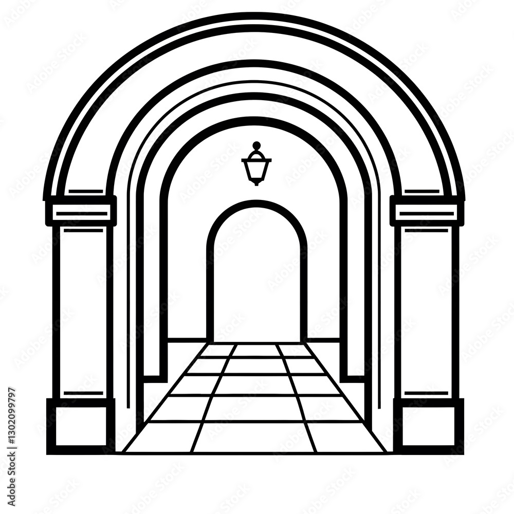 Fototapeta premium Modern Geometric Corridor: Symmetrical Black and White Archway Design with Decorative Brickwork and Tiled Floor