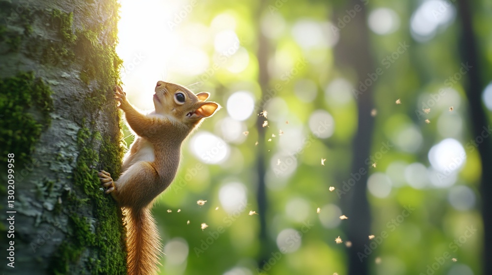 Red Squirrel Climbing Tree in Sunny Forest Red Squirrel Climbing Tree in Sunny Forest