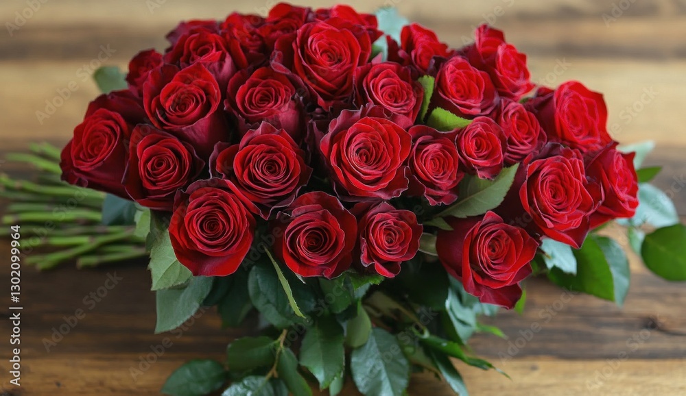 Lush bouquet of twenty-five deep red roses on wood. Lush bouquet of twenty-five deep red roses on wood.