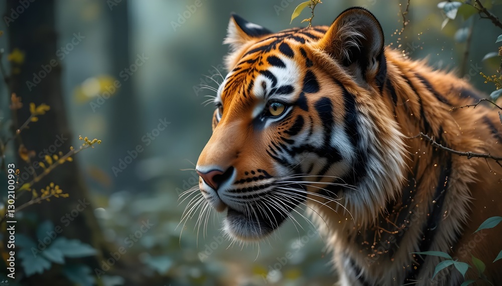 Naklejka premium Stunning AI-Generated Tiger Wallpaper with Fierce and Majestic Details in a Striking Digital Art Style