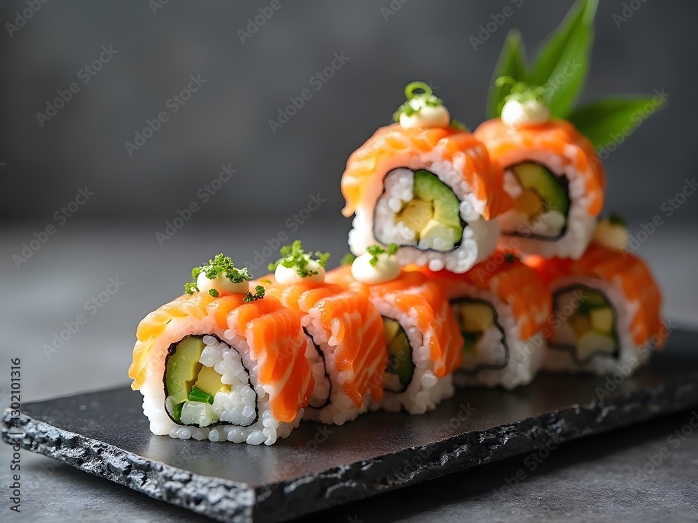 Sushi Roll Stack: An elegant stack of colorful sushi rolls, with varying fillings such as salmon, avocado, and cucumber, presented on a black stone plate. Sushi Roll Stack: An elegant stack of colorful sushi rolls, with varying fillings such as salmon, avocado, and cucumber, presented on a black stone plate.