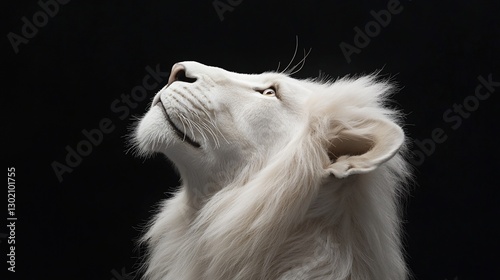 Majestic white lion looking up against black background.