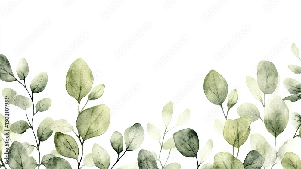 Obraz premium Soft Green Watercolor Leaves in a Clean, Balanced Composition on White Background, Perfect for Eco-Friendly Branding and Contemporary Wedding Invitations.