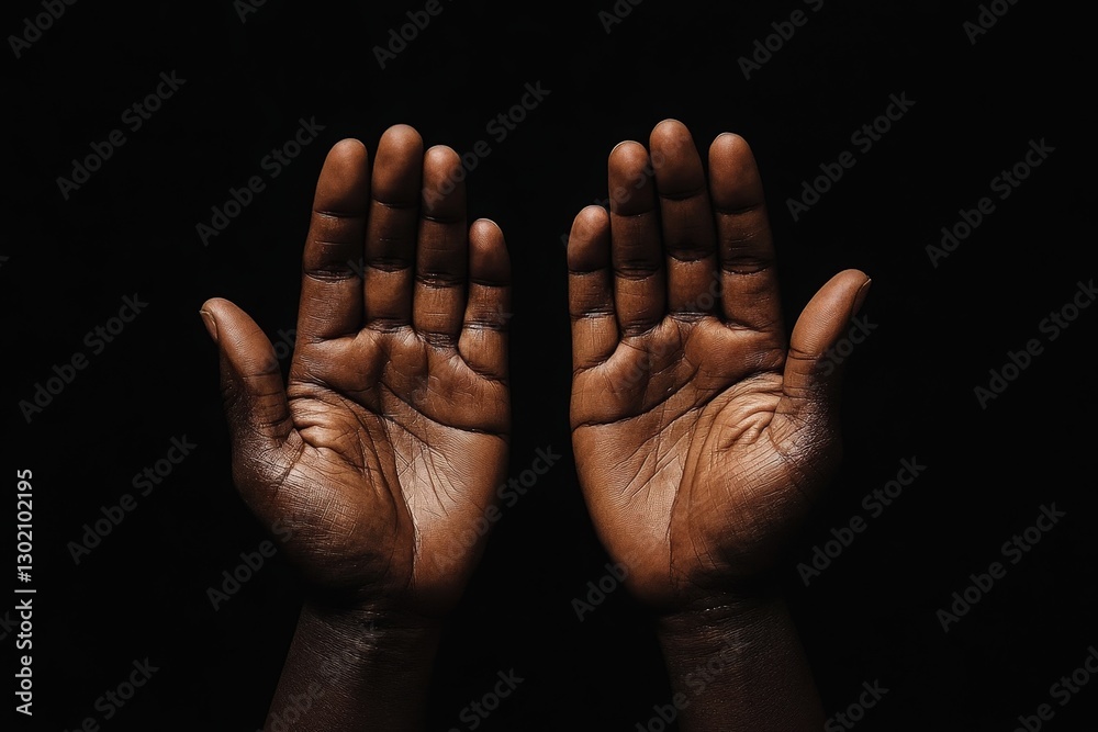 Two dark skinned open palms raised against a black background Two dark skinned open palms raised against a black background