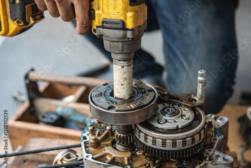Obraz na płótnie Mechanic uses impact wrench making the removal or tightening of nuts and bolts of motorcycle clutch,motorcycle repair concept in garage . w salonie
