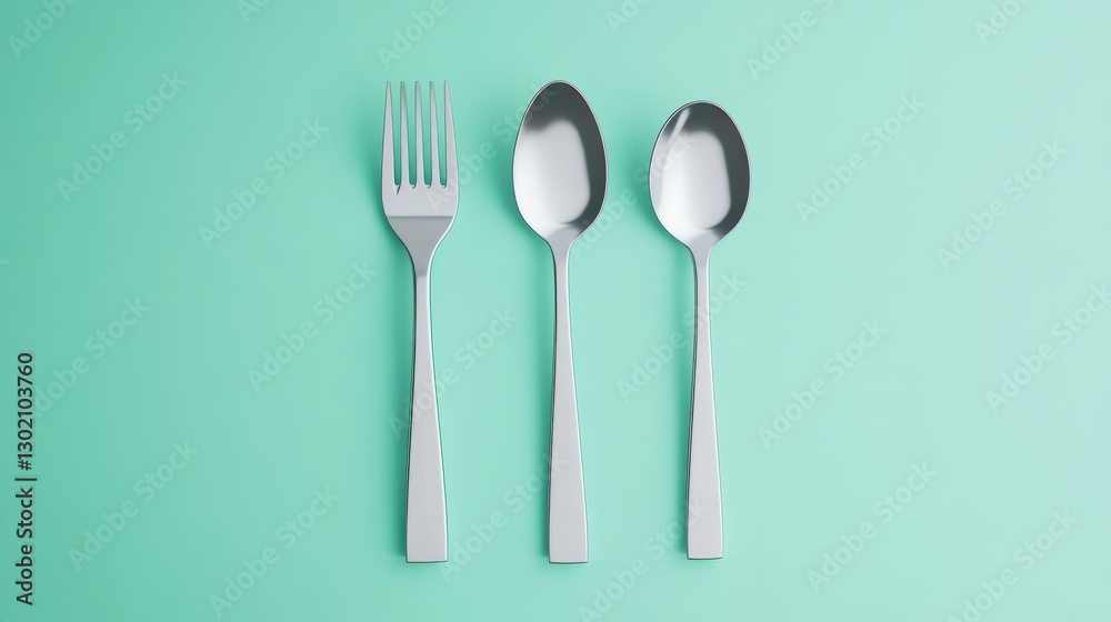 Silver Fork and Spoons on Aqua Background Silver Fork and Spoons on Aqua Background