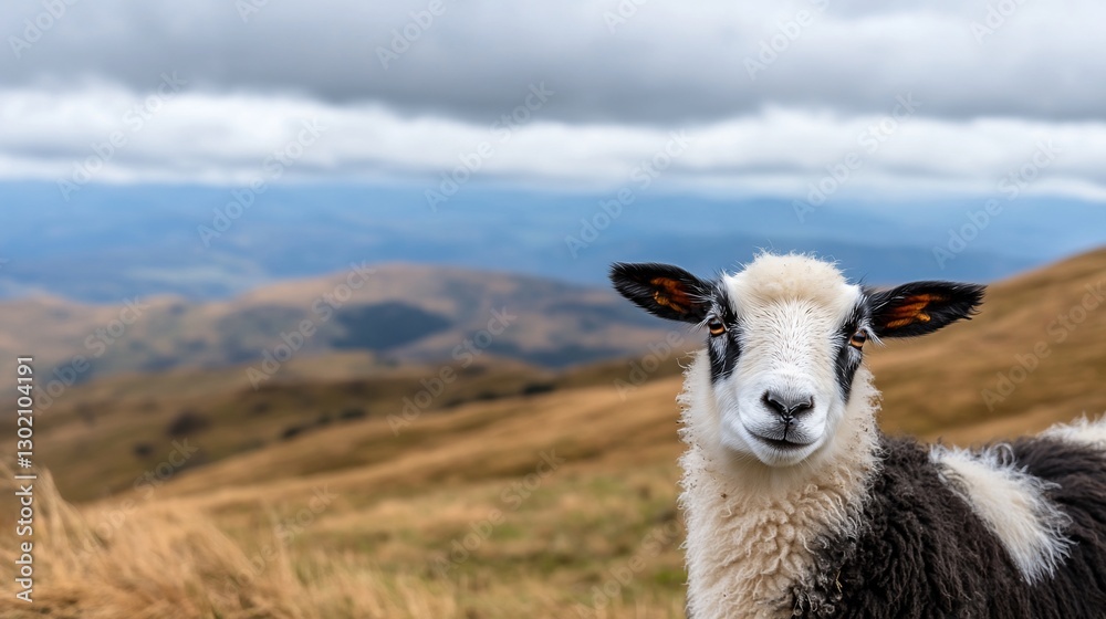 Fototapeta premium Sheep gazing, mountain pasture, cloudy day