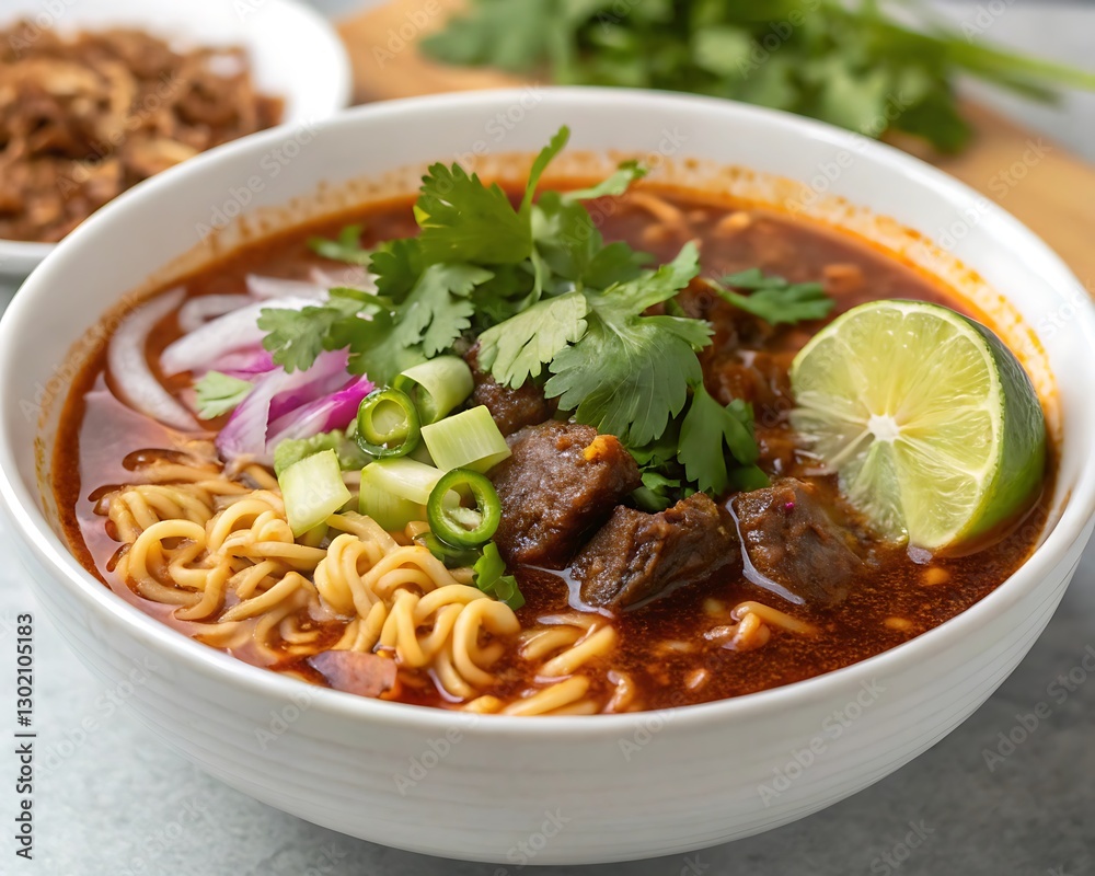 Delicious Beef Ramen Soup with Fresh Garnishes and Lime Delicious Beef Ramen Soup with Fresh Garnishes and Lime