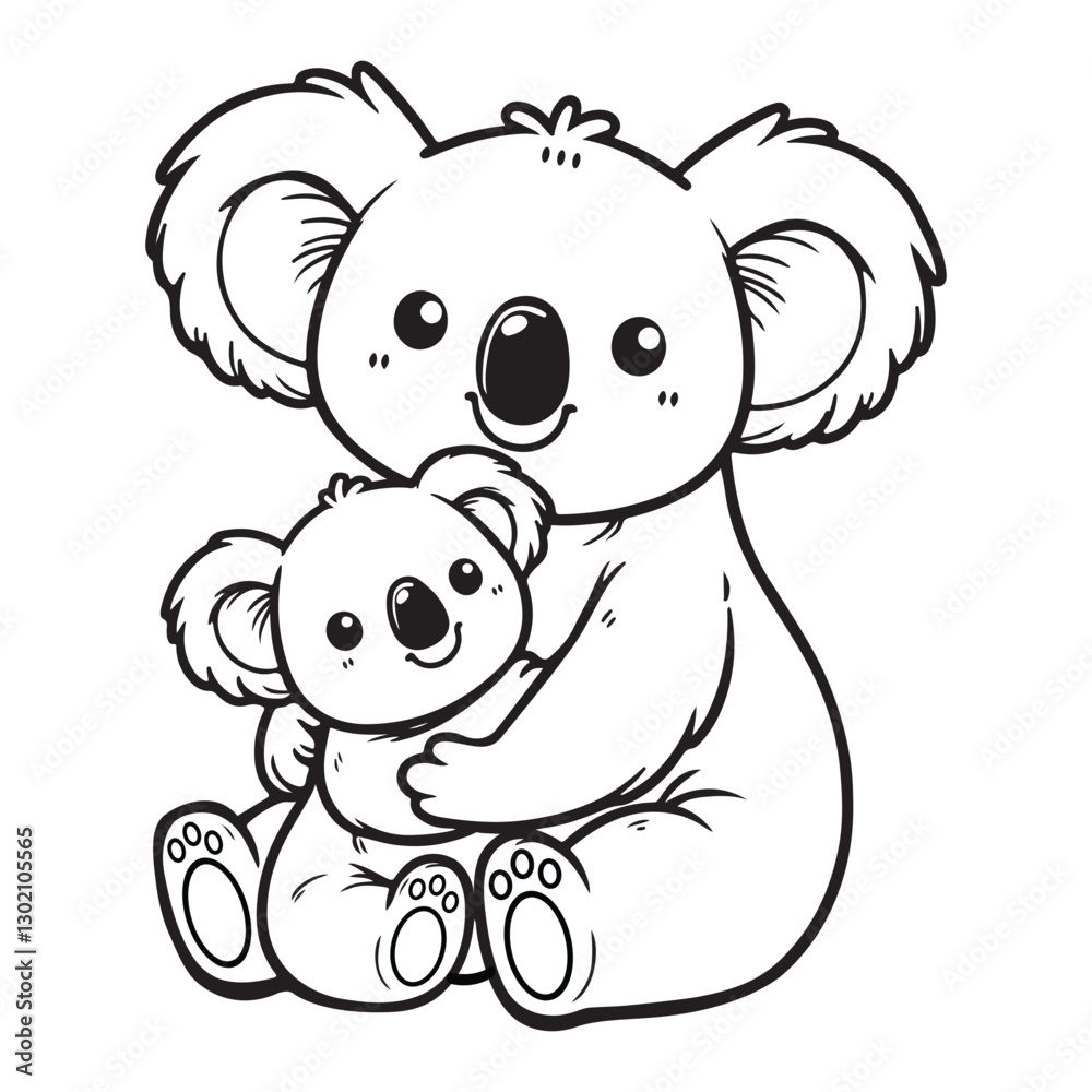 Obraz premium Line art of mother Koala hugging baby koala cartoon vector