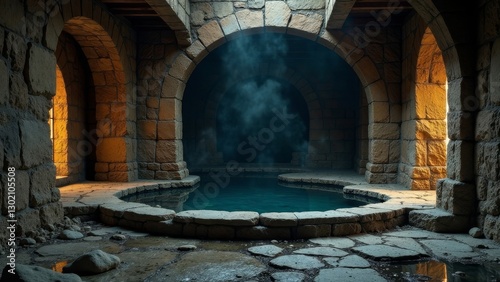 Ancient Stone Structure Featuring a Mystical Steaming Pool in a Subterranean Chamber