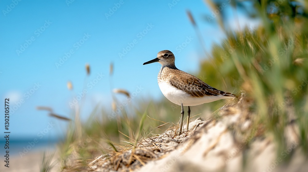 Shorebird Perched on Coastal Dune, Sunny Day Shorebird Perched on Coastal Dune, Sunny Day