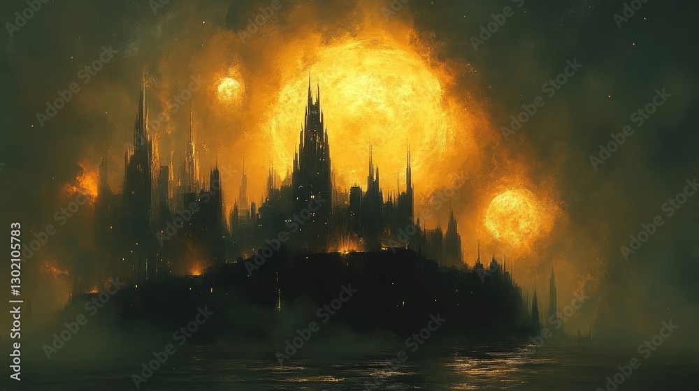 Fototapeta premium Fiery island castle at night; fantasy; ominous; surreal; digital art; possible use desktop wallpaper