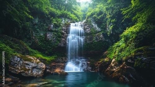 Glimmering waters cascade gracefully down the center, shimmering in deep blue hues against nature's backdrop, capturing both tranquility and power in this medium-close-up view of a stunning waterfall