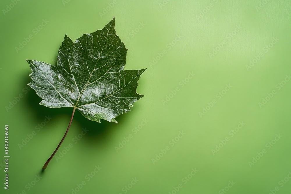 Fototapeta premium A single green leaf rests on a matching green background