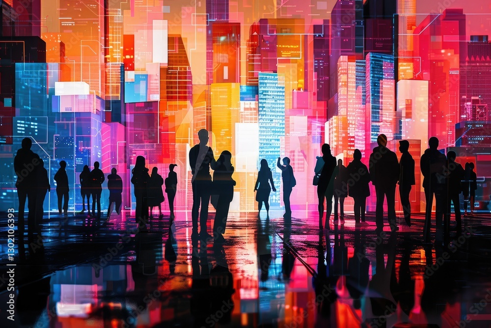 Pixel Perfect Image of Abstract Cityscape with Silhouettes and Colorful Blocks Pixel Perfect Image of Abstract Cityscape with Silhouettes and Colorful Blocks