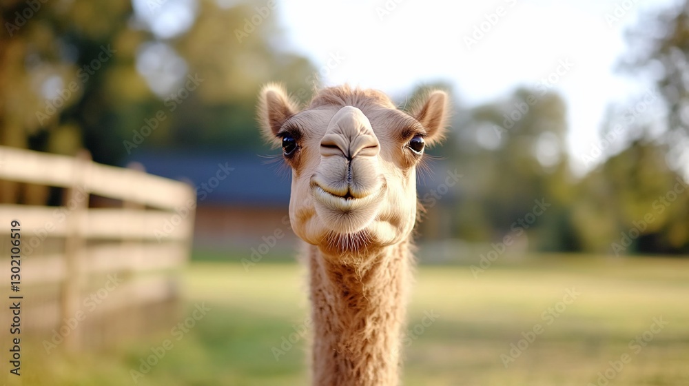 Fototapeta premium Smiling Camel Close-up at Farm Sanctuary