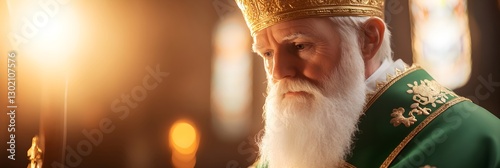 Elderly religious leader in green robe and golden crown looking thoughtful. Orthodox Christian bishop or patriarch during service. Christmas, Easter, or Saint Patrick's Day celebration.