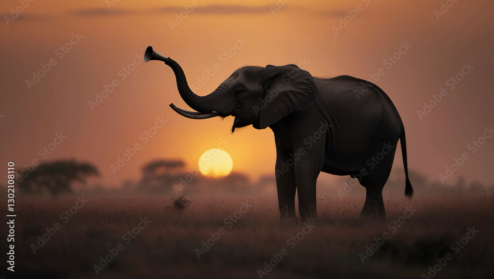 Naklejka premium A single elephant silhouette trumpets in a murky sky at sunset