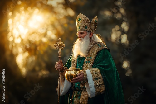 Catholic bishop in green and gold robes holding cross and chalice at sunset. St. Patrick's Day, Easter, Christmas religious celebration concept. Traditional Christian symbolism.