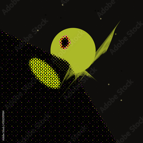 Abstract eye illustration with halftone texture and geometric elements. Unique visual concept, perfect for digital art, graphic design, or conceptual projects