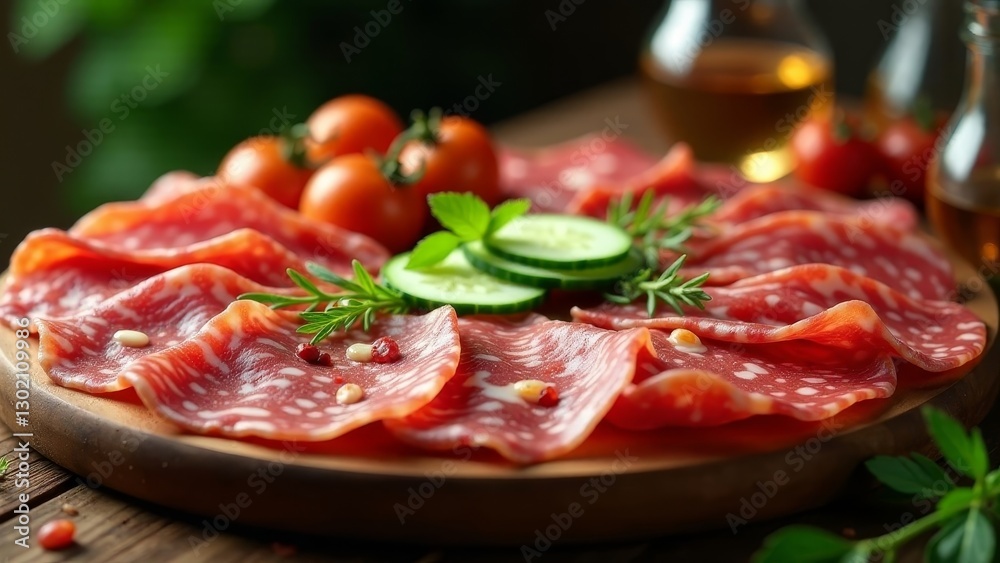 Appetizing cured meat slices arranged on a wooden board with fresh herbs and vegetables Appetizing cured meat slices arranged on a wooden board with fresh herbs and vegetables