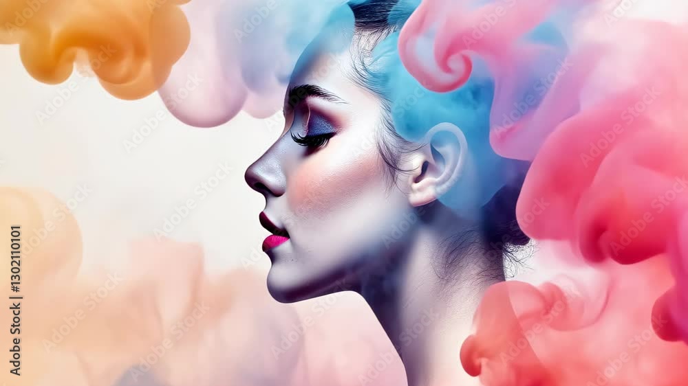 Surreal Dreamscape Portrait with Vibrant Psychedelic Clouds in Pastel Colors Enveloping a Serene Female Profile for Creative Art and Design Surreal Dreamscape Portrait with Vibrant Psychedelic Clouds in Pastel Colors Enveloping a Serene Female Profile for Creative Art and Design
