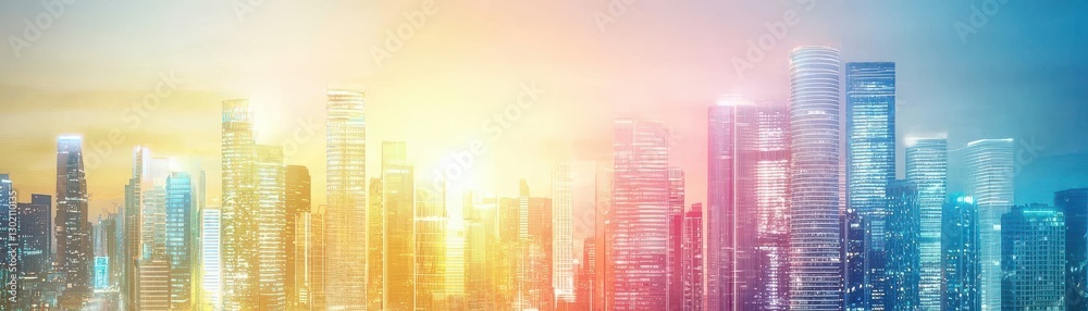 Fototapeta premium Colorful skyline at dusk with vibrant lights reflecting off modern skyscrapers.