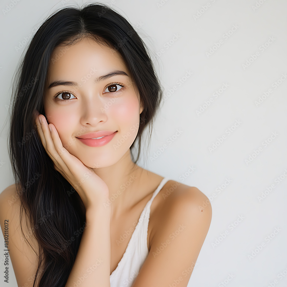 Gentle smile of a young woman indoor setting portrait photography natural light bright atmosphere beauty concept