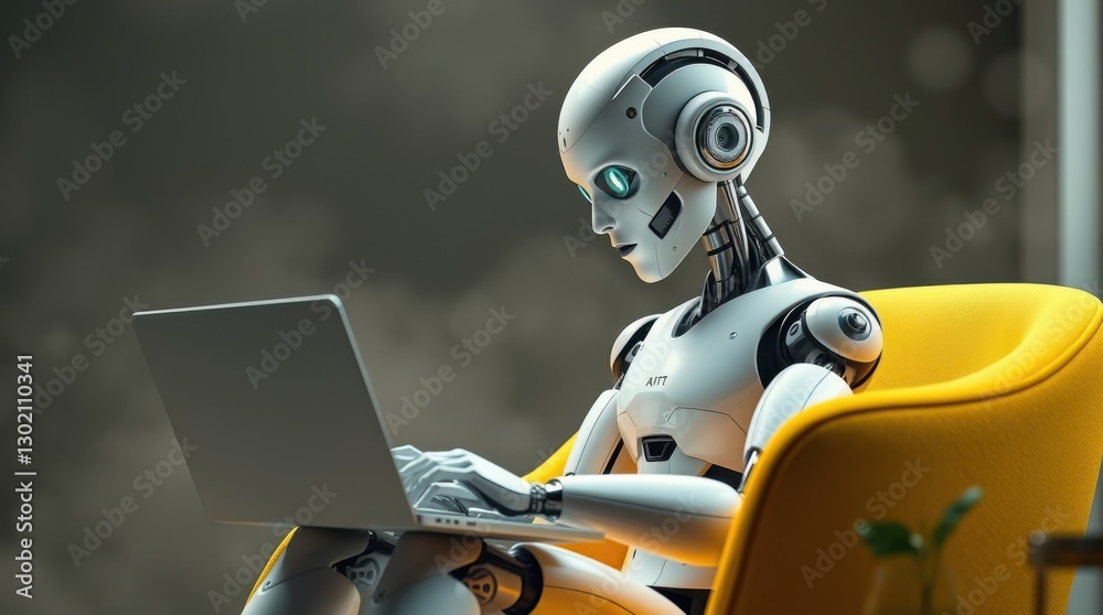 Fototapeta premium Robot working on a laptop, comfortably seated in a vibrant yellow chair, focused on the screen ahead.