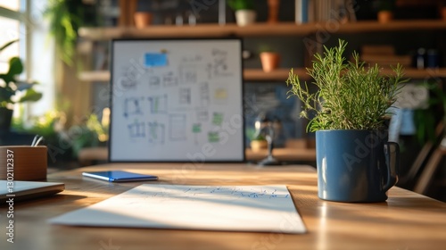 A desk with a whiteboard displaying a detailed strategic planning roadmap.