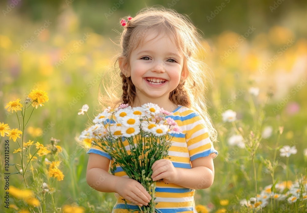 A cute little girl is holding wildflowers in her hands and smiling happily, wearing a yellow striped blue T-shirt with purple long sleeves A cute little girl is holding wildflowers in her hands and smiling happily, wearing a yellow striped blue T-shirt with purple long sleeves