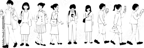 people walking and standing looking at phonecell doodle
