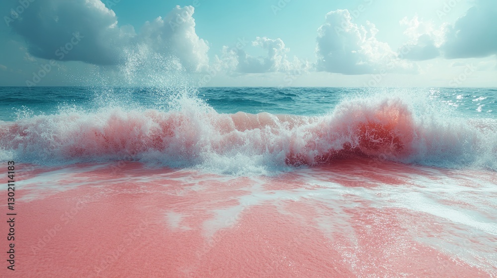 Fototapeta premium Pink Beach Waves Crashing; Scenic Seashore; Relaxing Atmosphere; Coastal View; Photo Opportunity