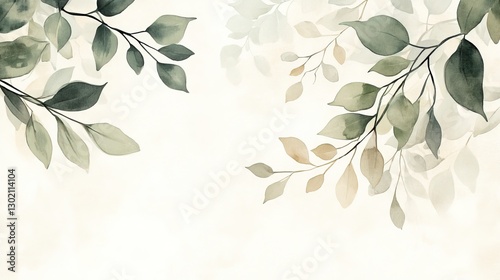 Elegant Watercolor Greenery with Soft Light Green and Beige Leaves on Neutral Background, Creating a Fresh and Natural Aesthetic for Invitations and Branding.