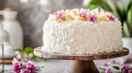 Delicious Coconut Cake Topped with Pineapple and Flowers Decoration
