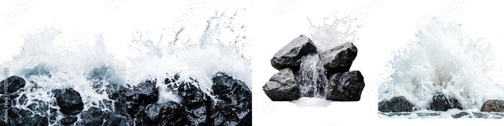 Naklejka premium Dramatic Image Capturing the Powerful and Turbulent Motion of Crashing Waves Colliding Against a Rugged Rocky Coastline in Stormy Moody Weather Conditions