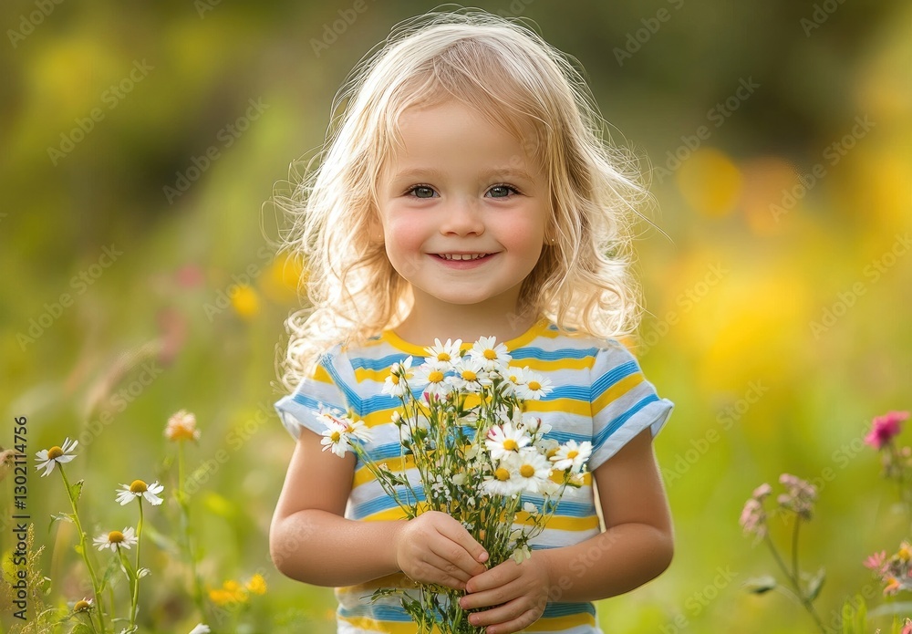 A cute little girl in striped yellow and blue is holding flowers, laughing happily on the green grassland surrounded by wildflowers A cute little girl in striped yellow and blue is holding flowers, laughing happily on the green grassland surrounded by wildflowers